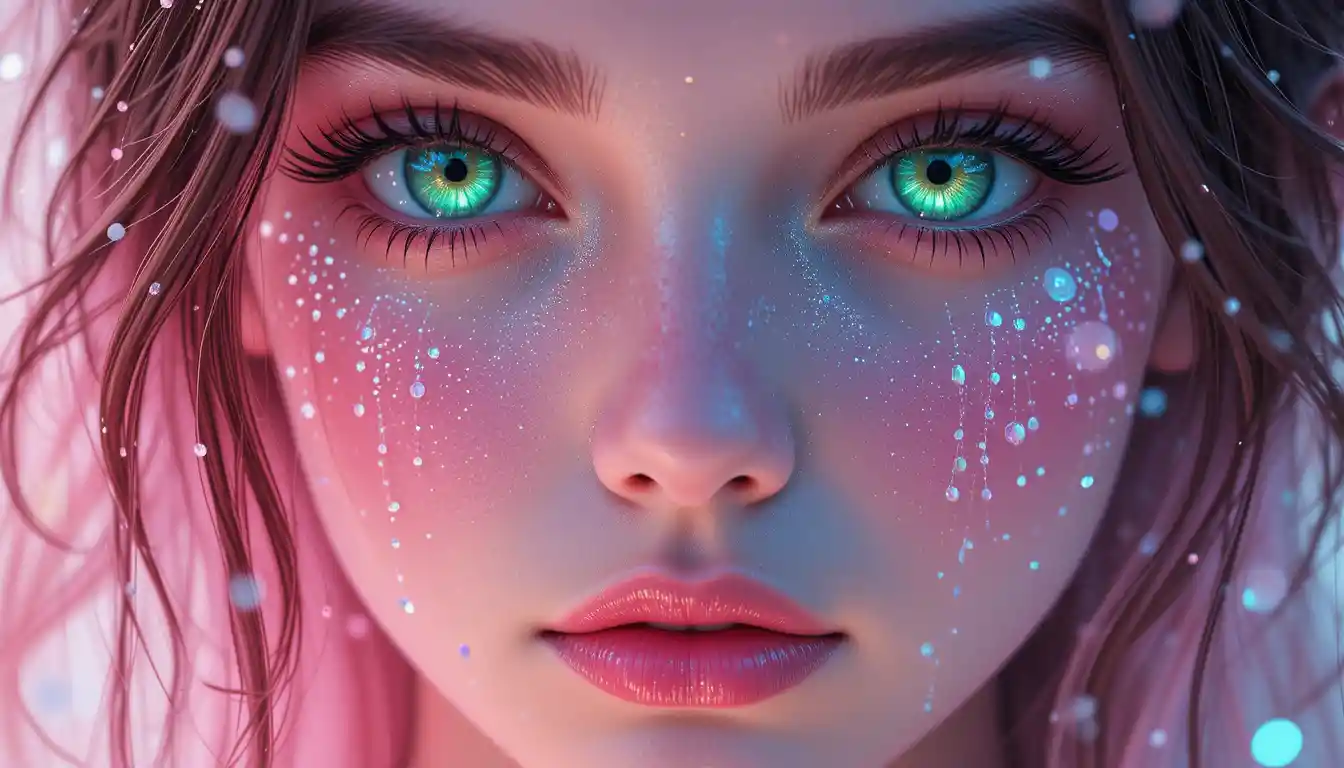 Young woman face merging fantasy and delicate reality