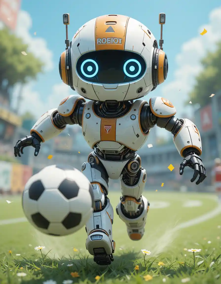 Cute anime robot playing soccer with detailed mechanics