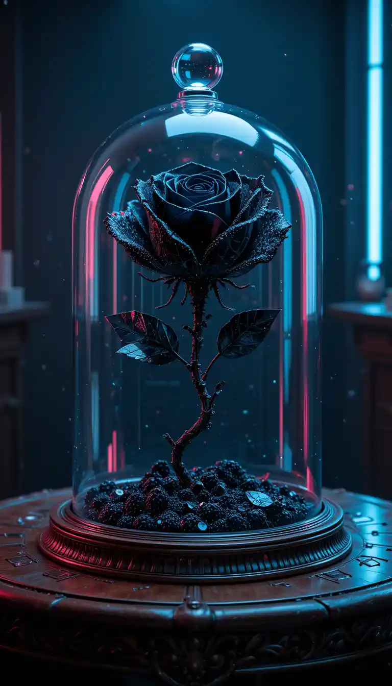 Black rose under glass dome with neon reflections