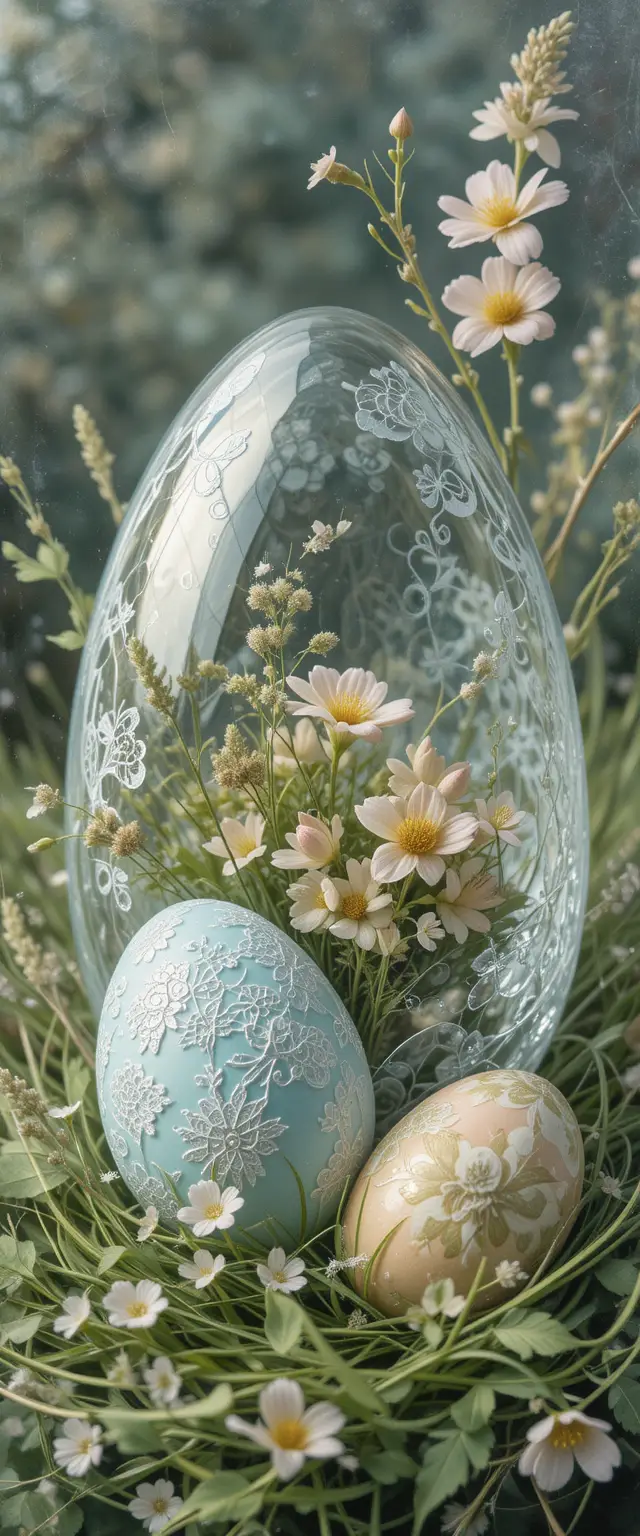 Pastel watercolor postcard with vintage easter eggs and lace
