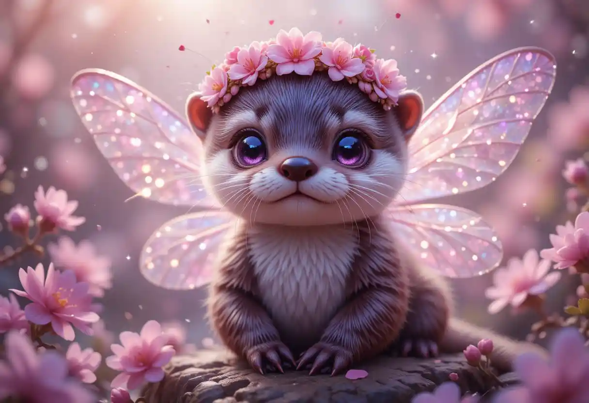 Cute baby otter fairy with flowers and dragonfly wings