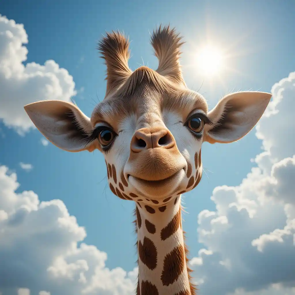 Verspielte Giraffe beugt sich unter einem sanft bewölkten Himmel