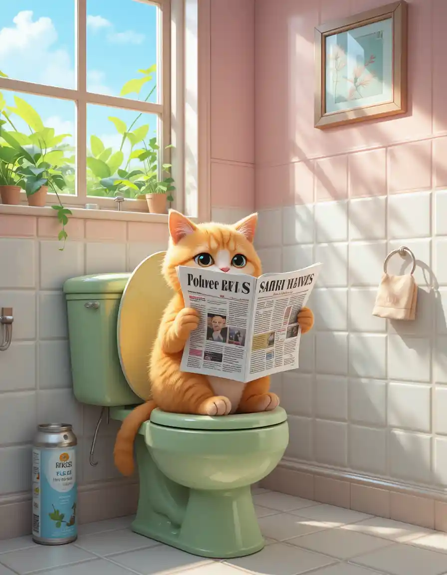 Cute golden cat reading newspaper on green toilet