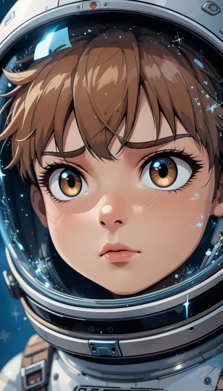 Young manga astronaut with determined gaze in space