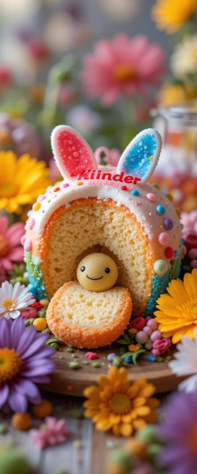 Colorful chocolate surprise egg among bright spring flowers