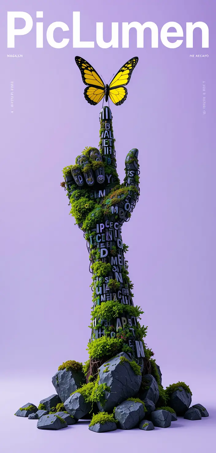 Futuristic magazine cover with ai robot made of text