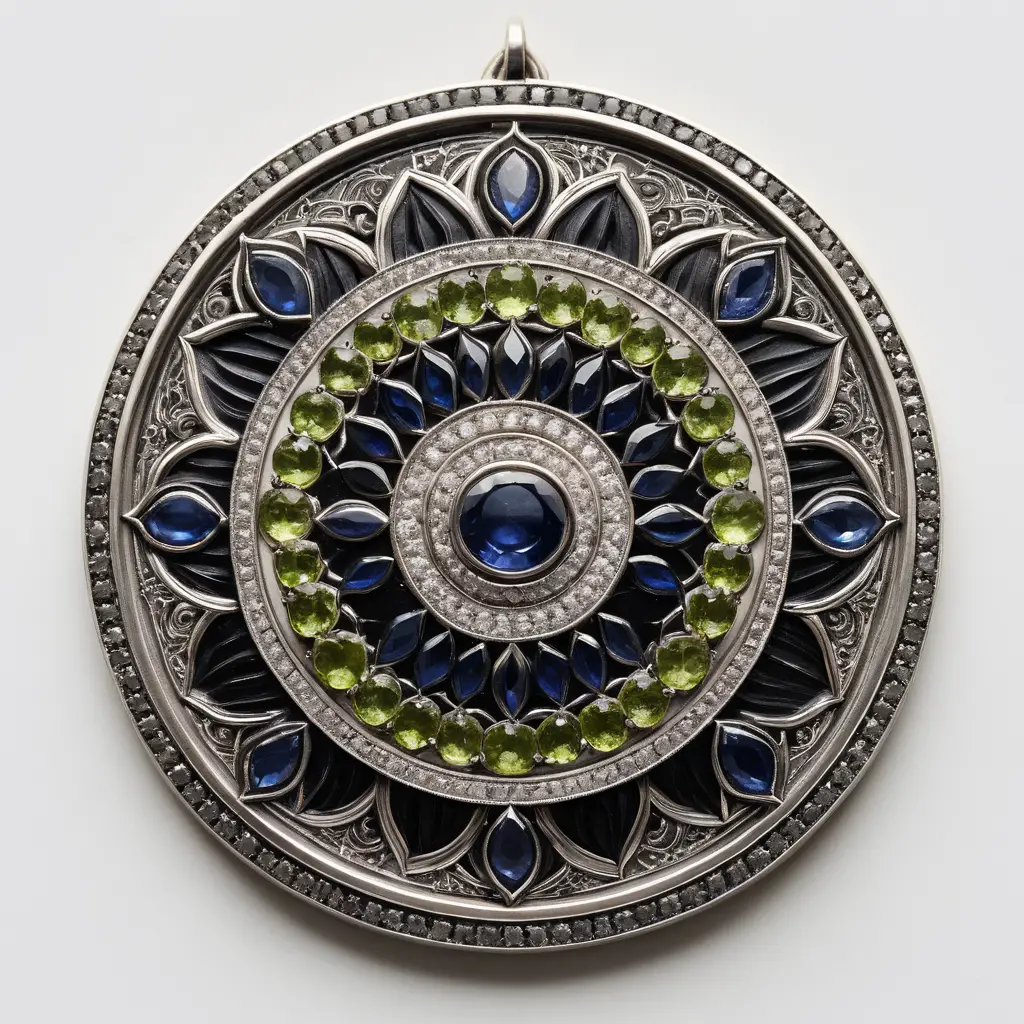 Silver mandala medal with gemstone details on white background