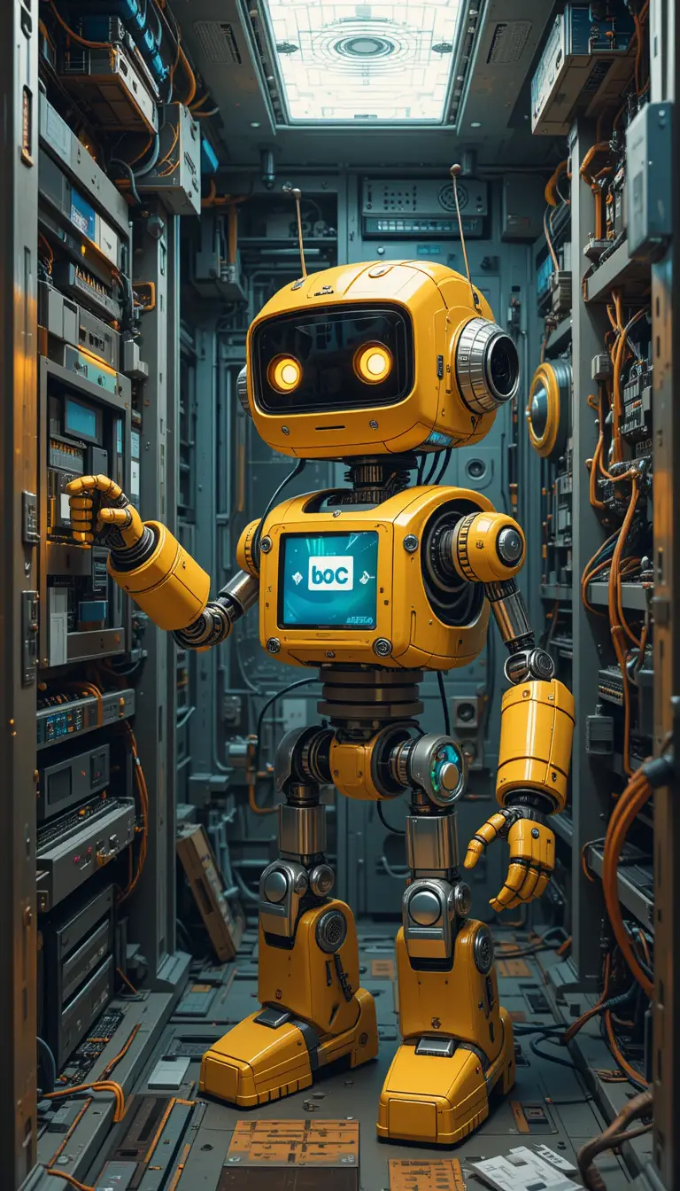 Friendly tiny robot inserting a chip inside computer