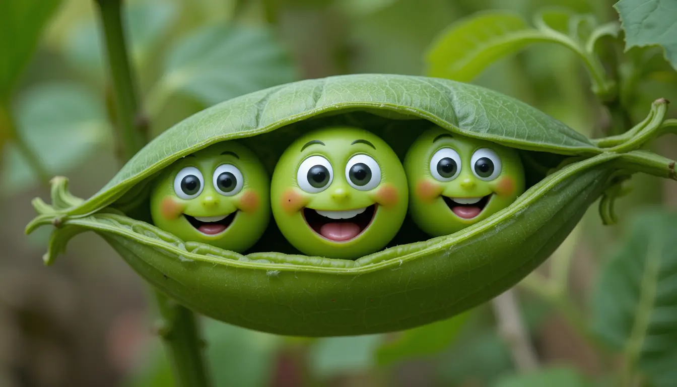 Felices guisantes verdes sonriendo dentro de una vaina en el jardín