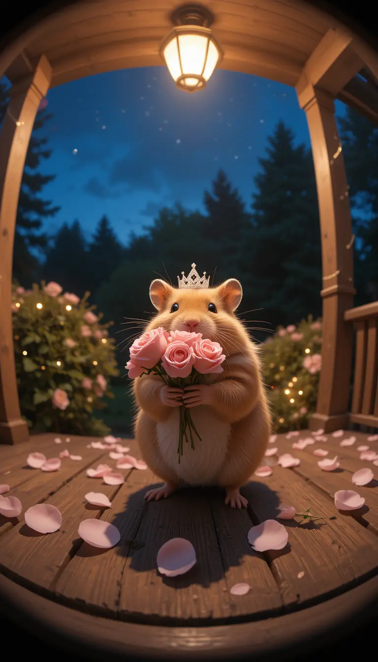 Hamster With Roses On Night Porch Under Warm Light