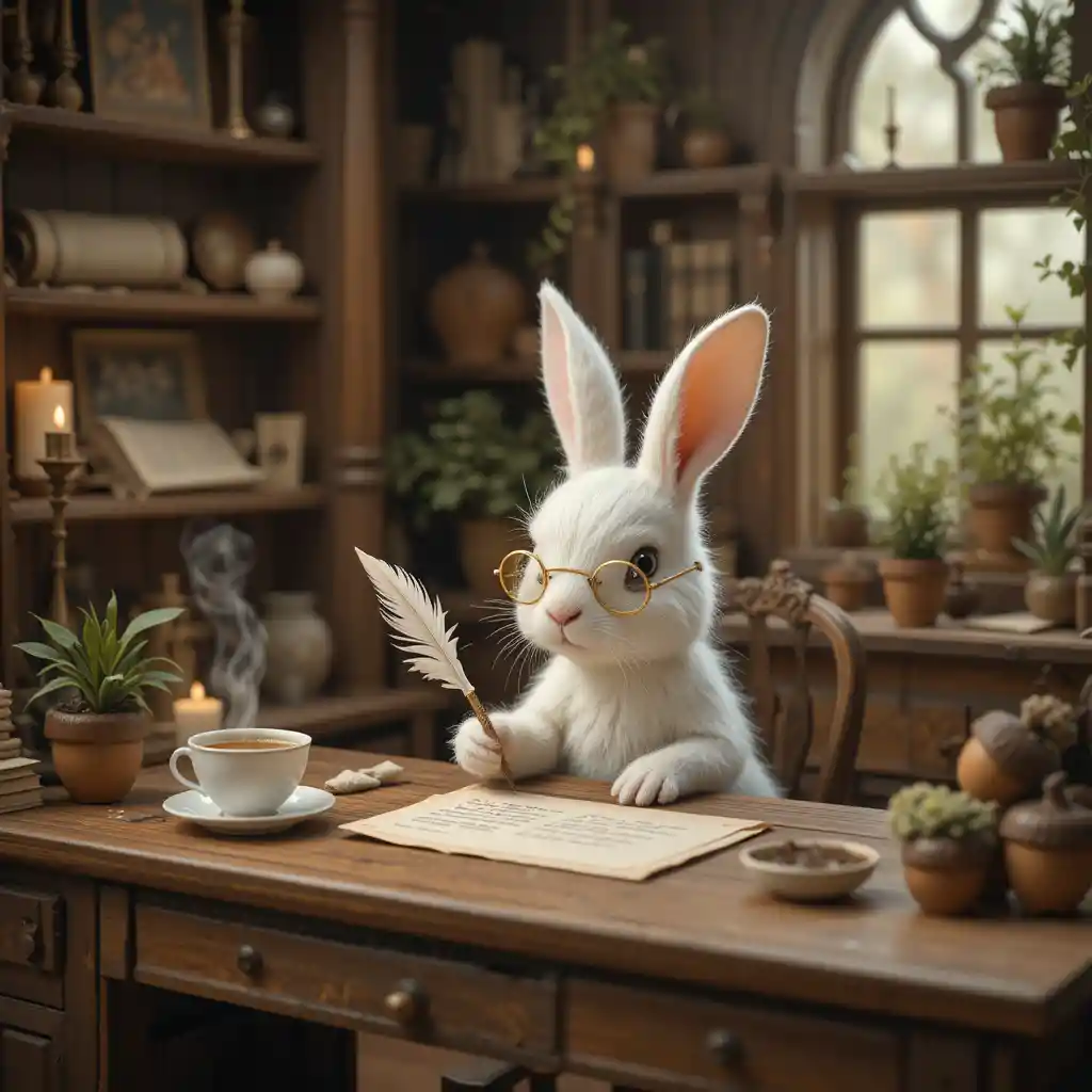 White rabbit writing a letter in cozy wooden room