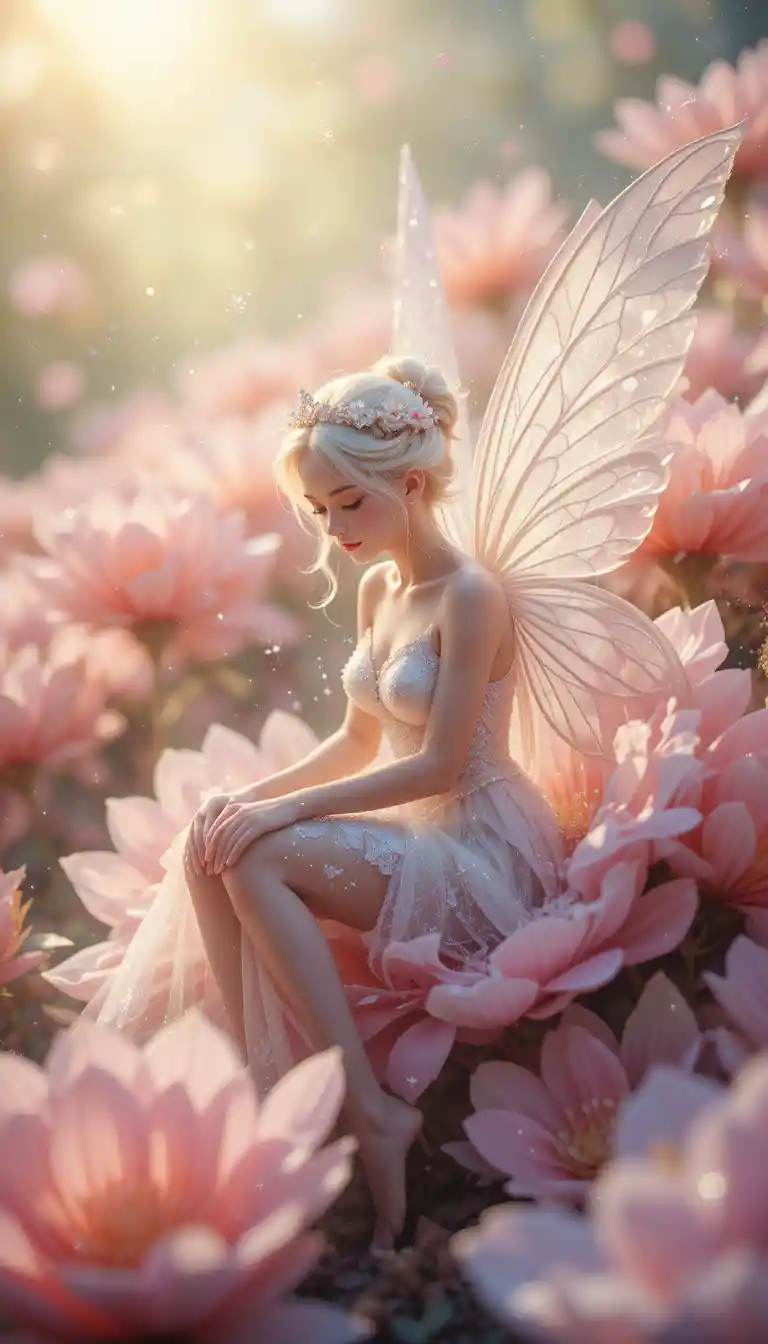 Elegant white fairy resting among soft pink flowers