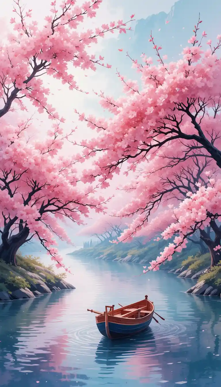 Japanese cherry blossoms over a tranquil riverside scene