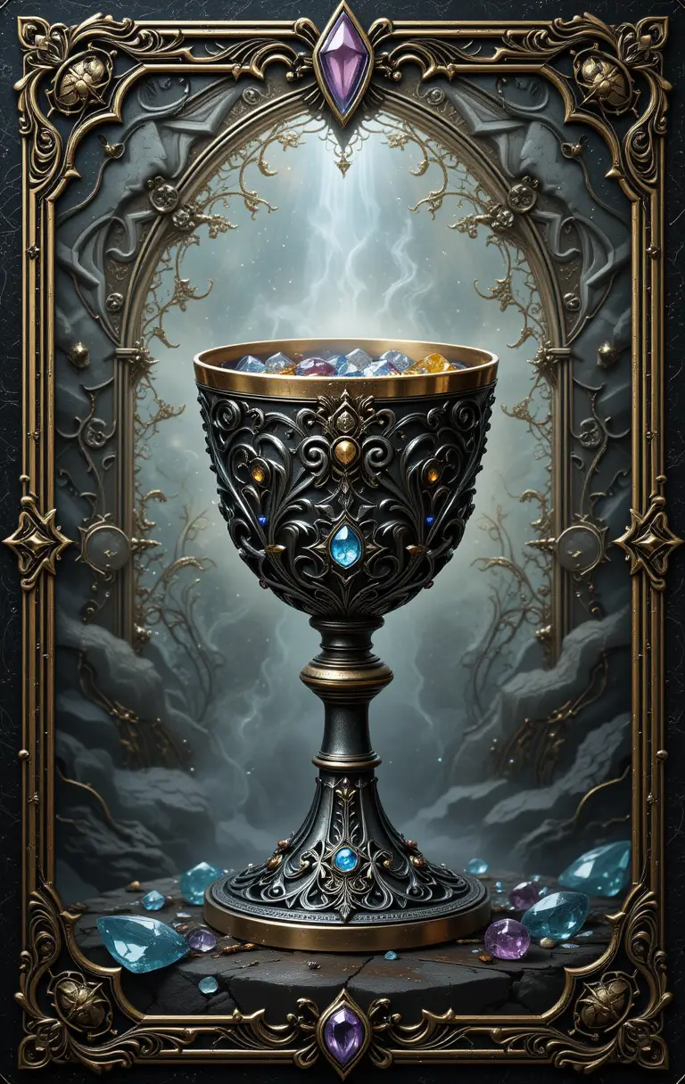 Mystical chalice with gemstones on ornate decorative background