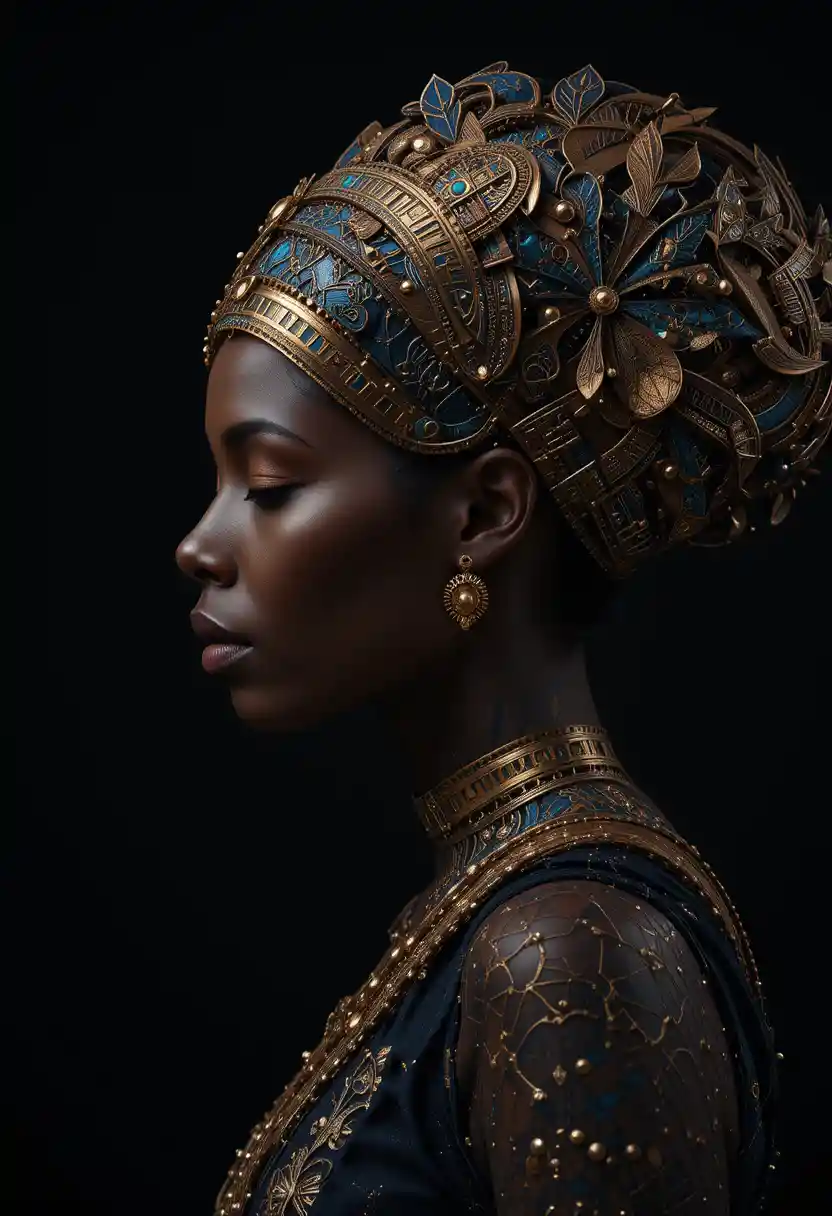 Regal profile portrait of an African woman in ornate headdress