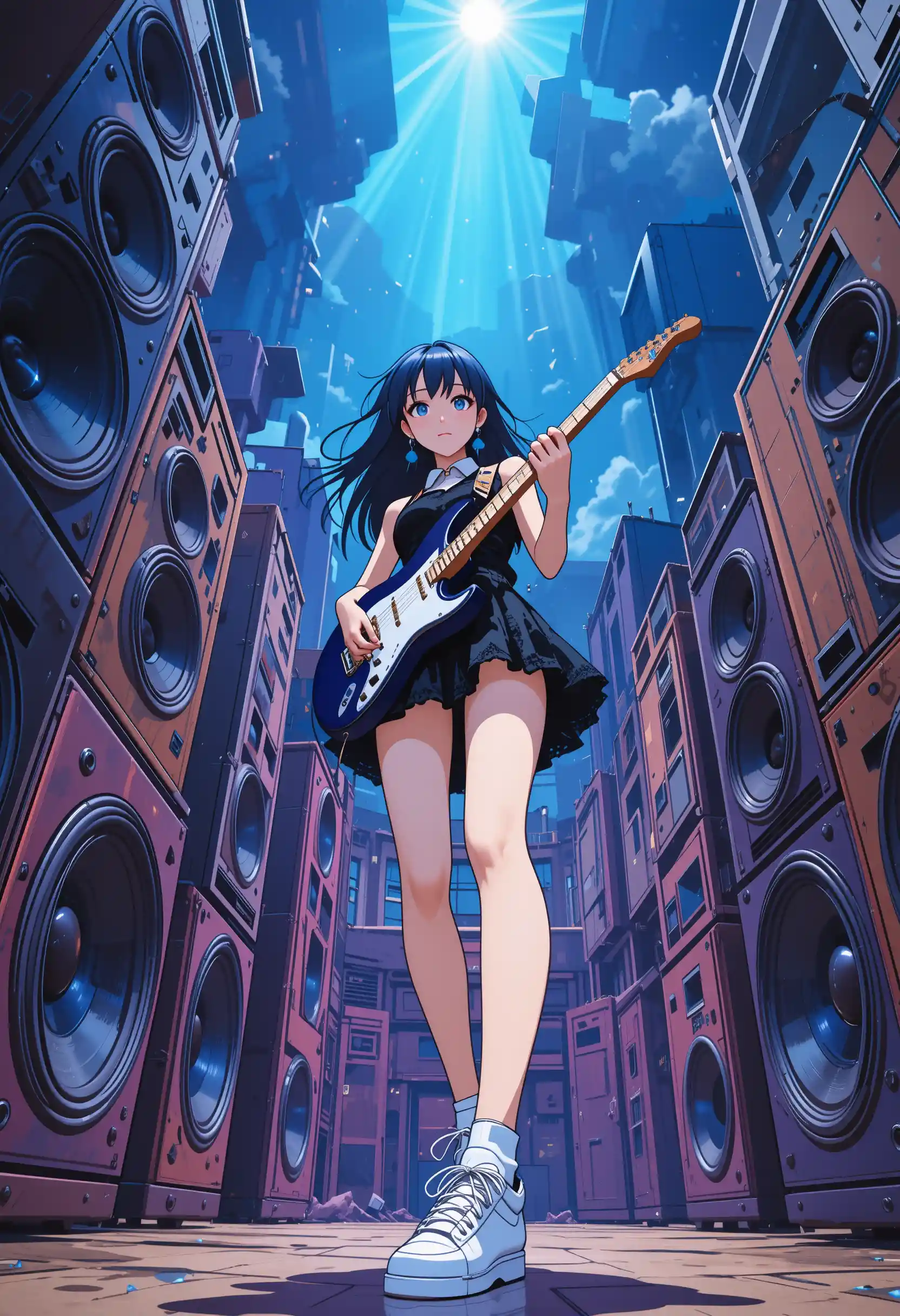 Anime girl with electric guitar in dynamic low angle view