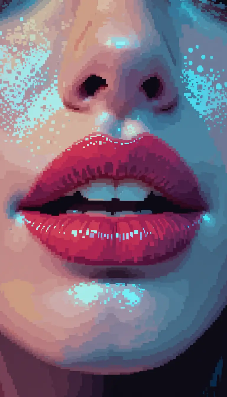 Pixel art close up of glossy lips and chin