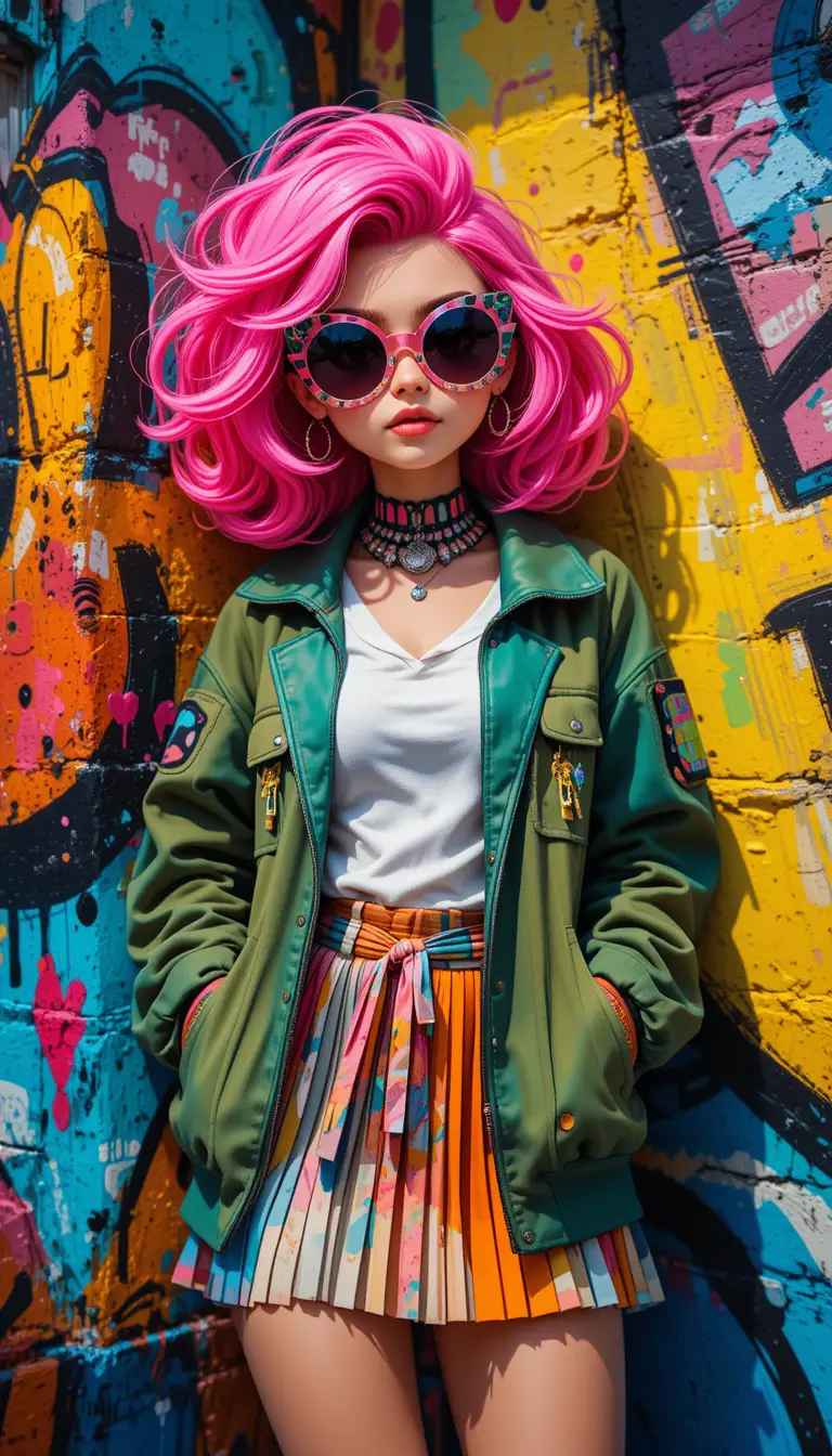 Colorful cartoon fashion girl by graffiti street wall