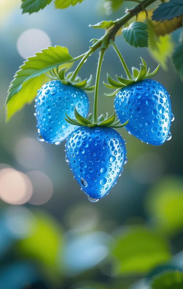 Glossy Blue Strawberries With Dew On Green Branch