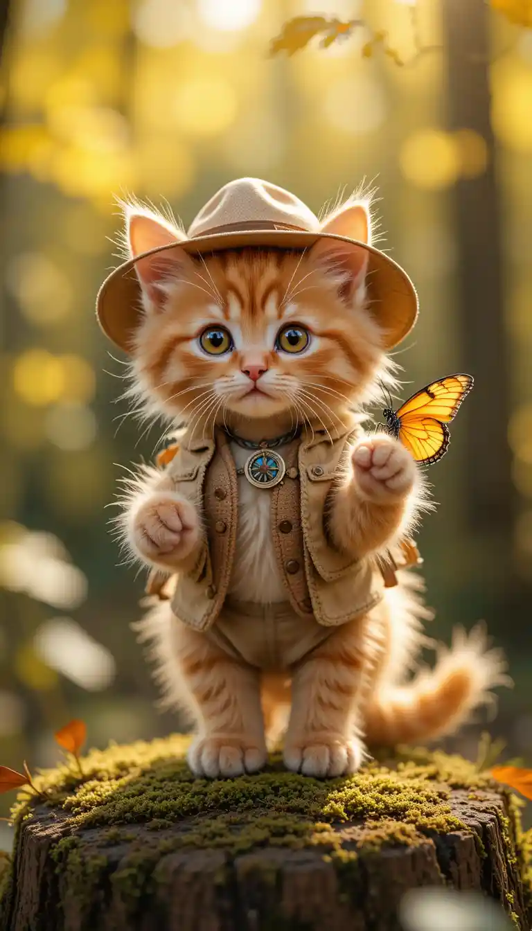 Curious orange kitten explorer in a sunlit forest