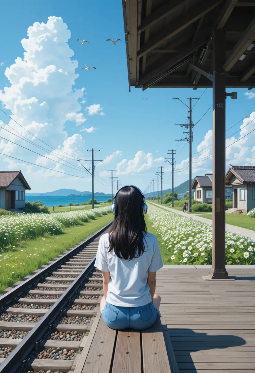 Young woman sitting at quiet seaside train station