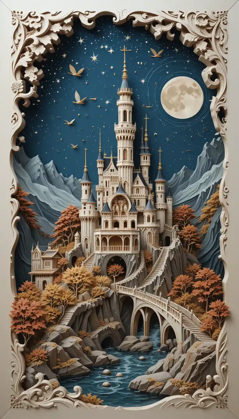 Castle On A Hill By The River In Paper Art Night Scene
