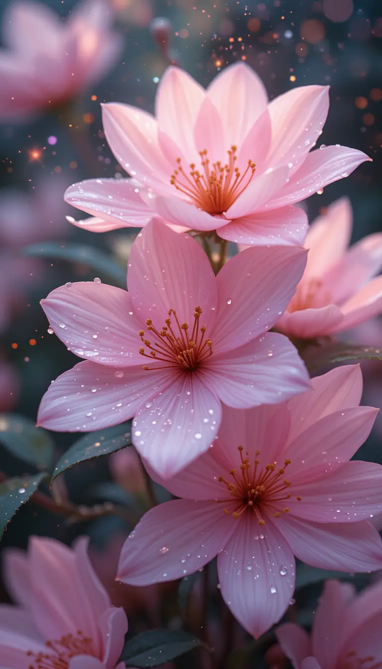 Delicate Pink Flowers With Dew And Sparkling Light