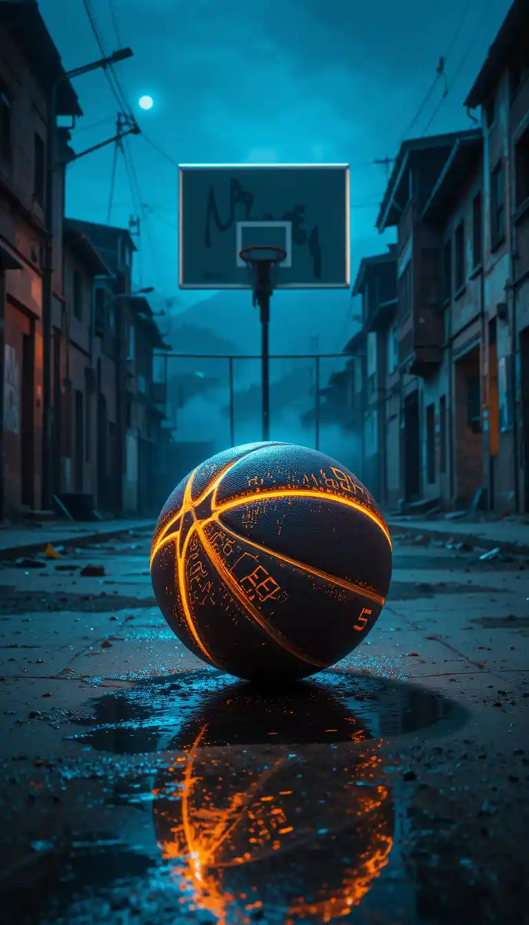 Glowing Basketball On Wet Dark Street At Night