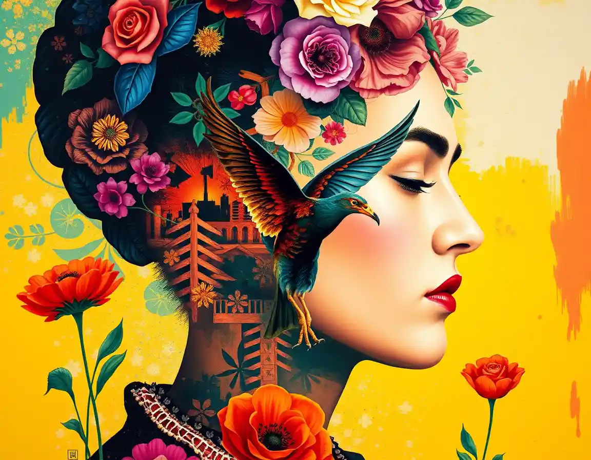 Surreal woman portrait with floral and bird motifs