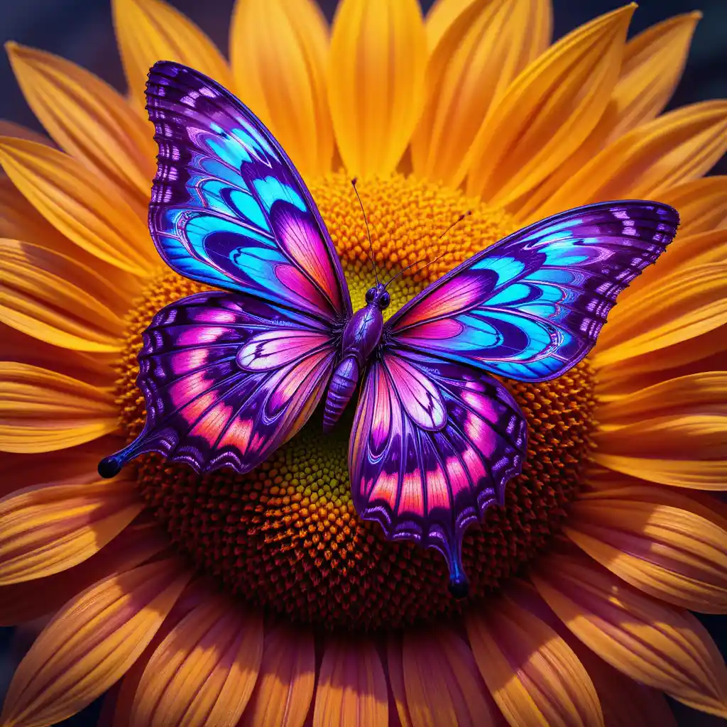 Colorful butterfly resting on a radiant glowing sunflower