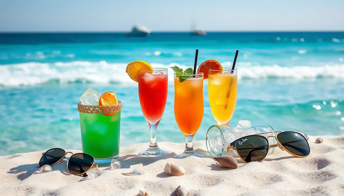 Colorful tropical cocktails on a sunny beach with ocean waves