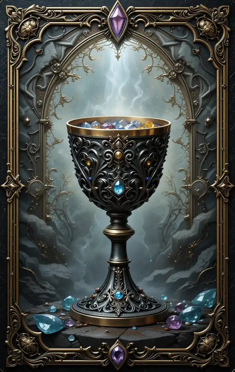 Mystical chalice with gemstones on ornate decorative background