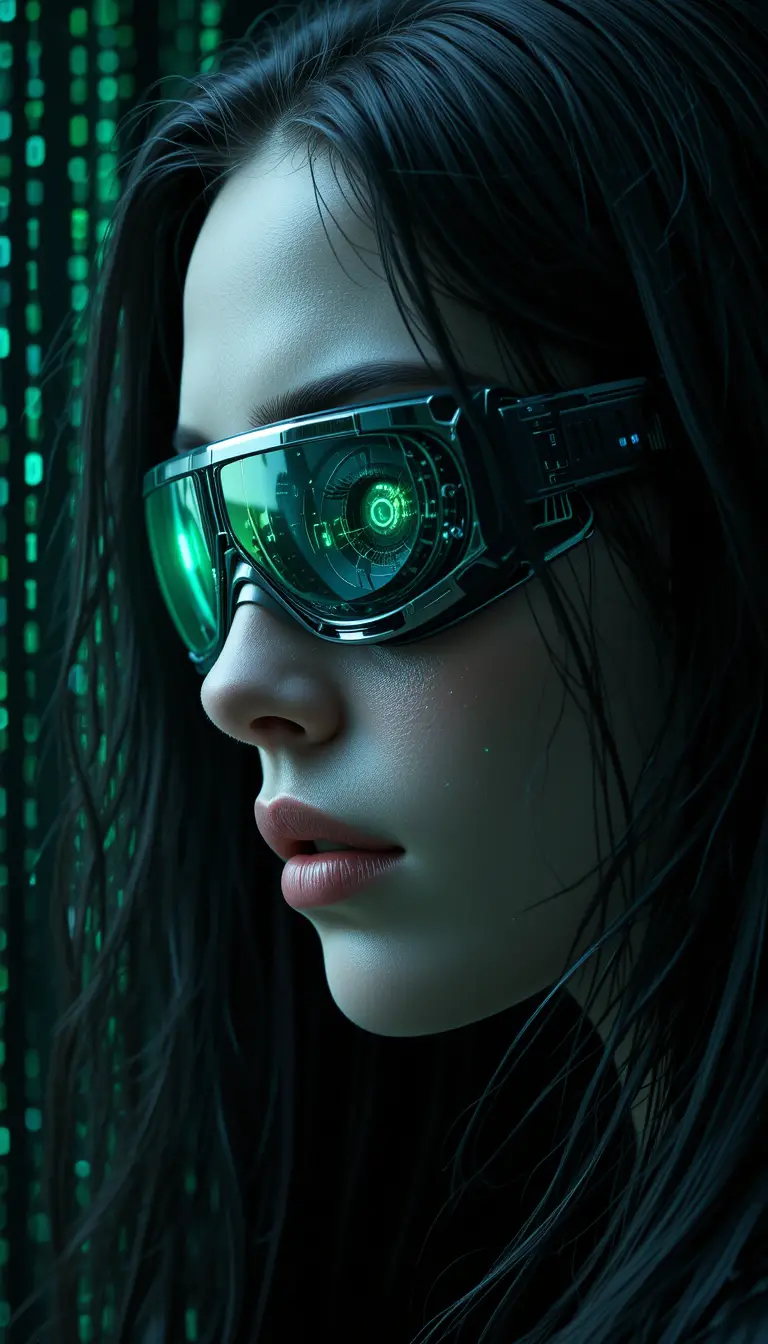 Futuristic woman with bionic eye and binary code background
