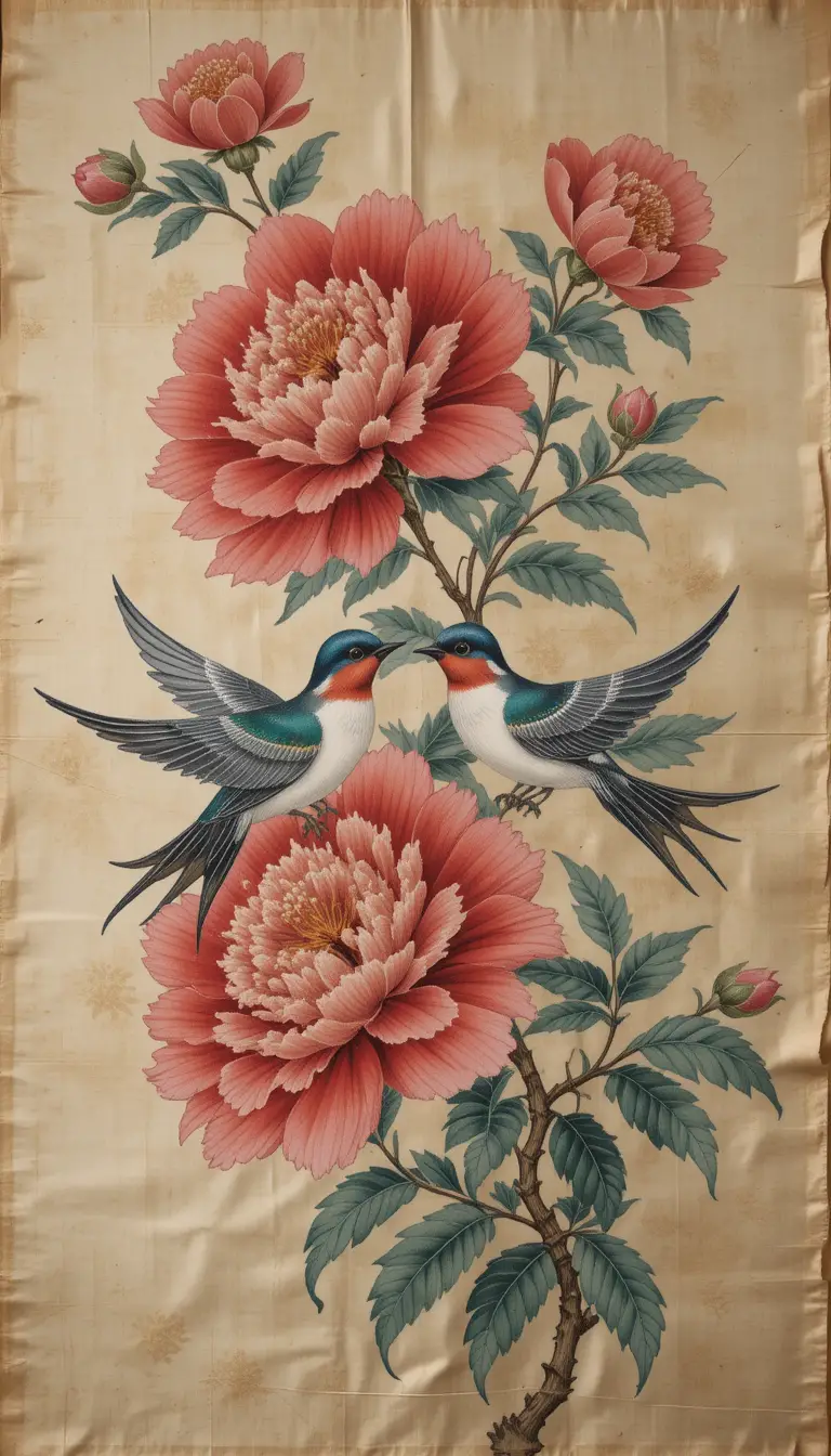 Traditional silk embroidery of swallows and blooming peonies