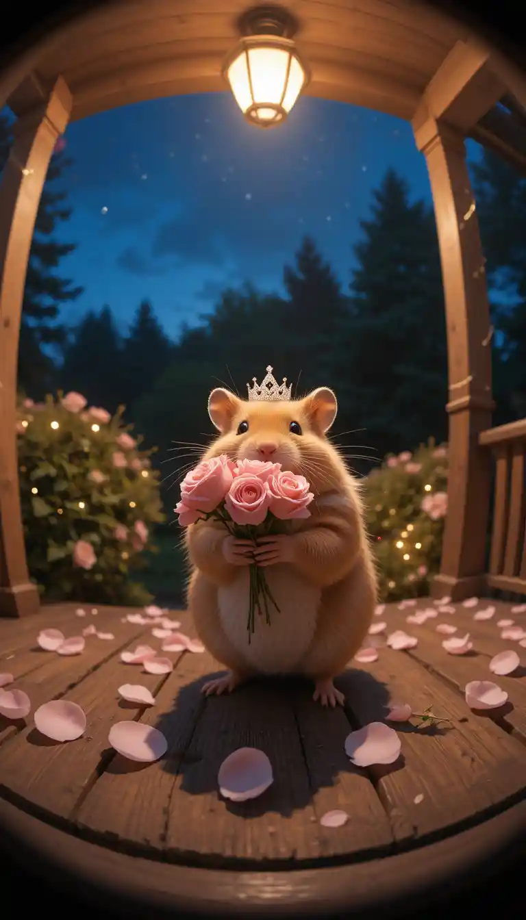 Hamster With Roses On Night Porch Under Warm Light