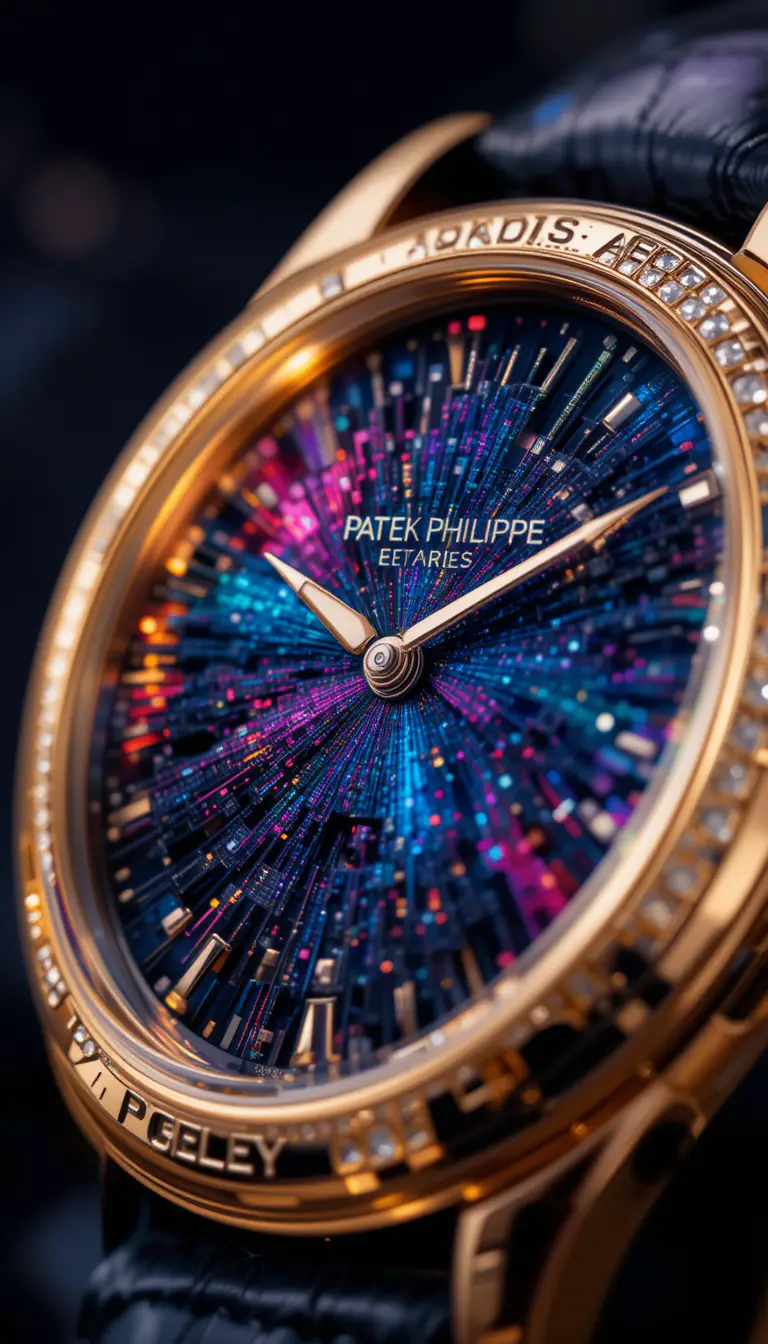 Makro-Nahaufnahme eines luxuriösen Armbanduhr-Zifferblatts im Detail