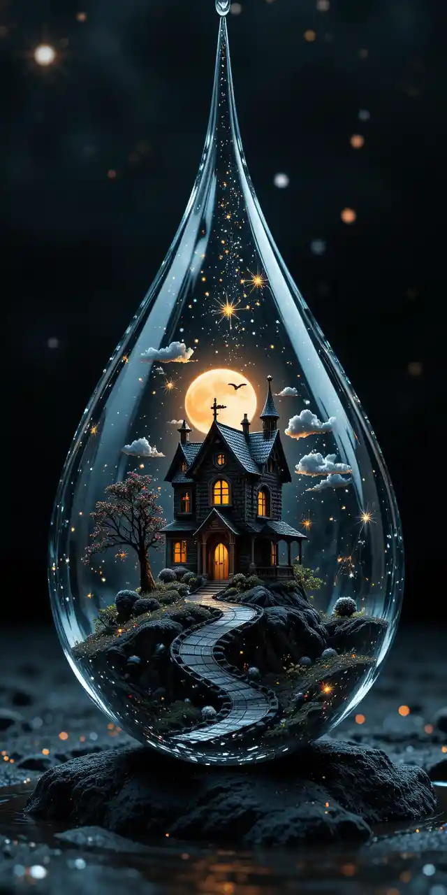 Close up conceptual water drop with tiny haunted house