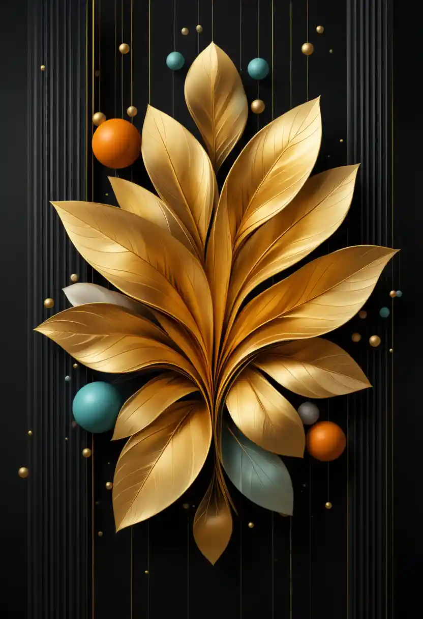 Abstract golden 3d shapes with spheres on black background