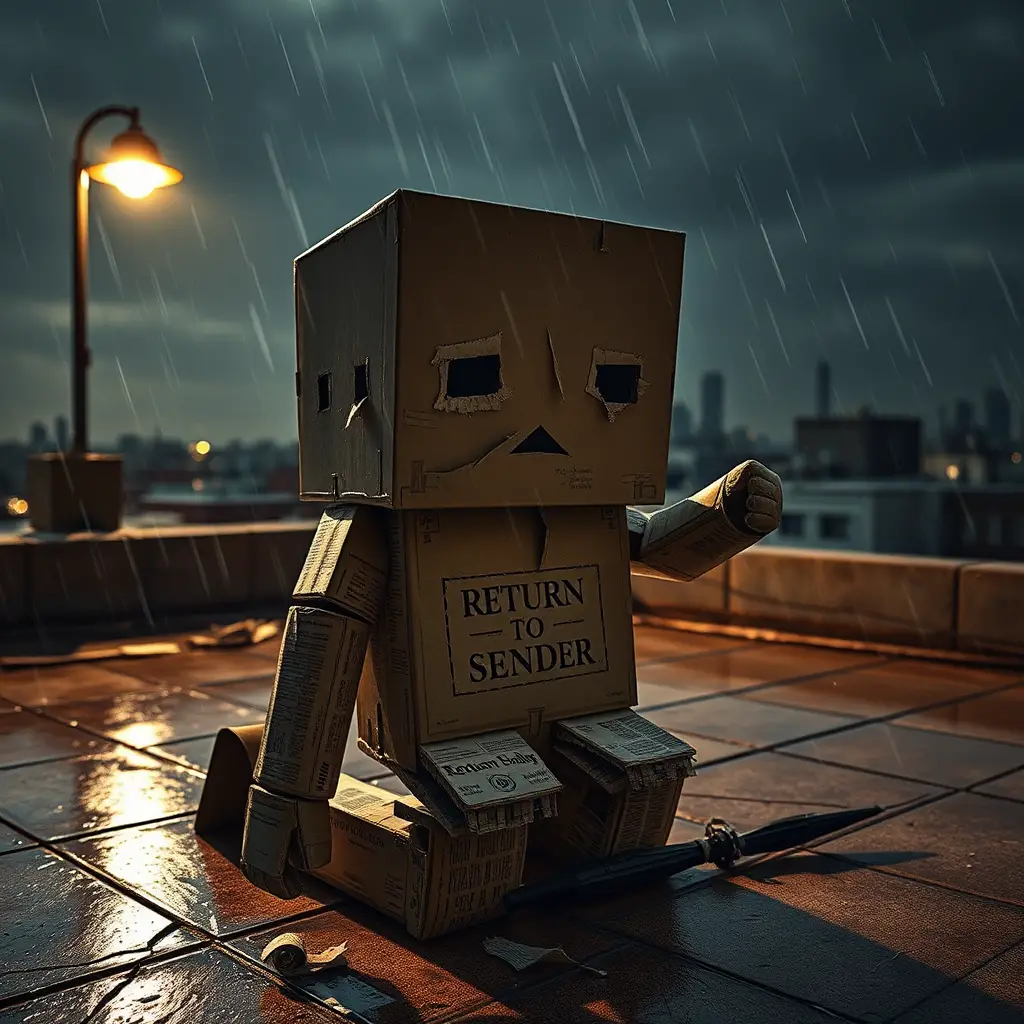 Cardboard humanoid kneeling on a rainy rooftop at dusk