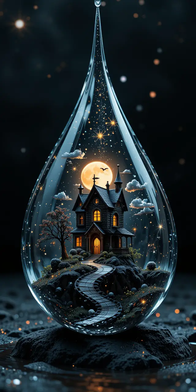 Close up conceptual water drop with tiny haunted house