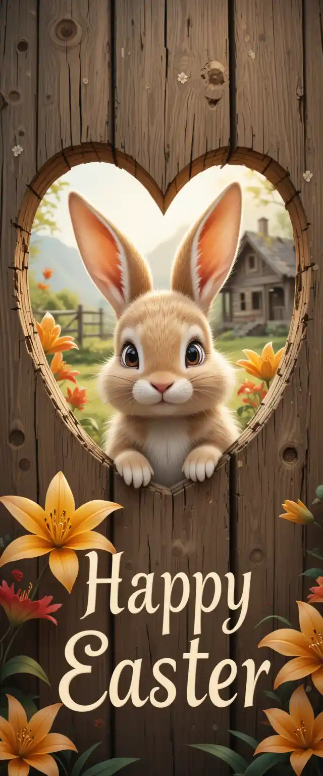 Cute easter rabbit peeking through wooden heart fence