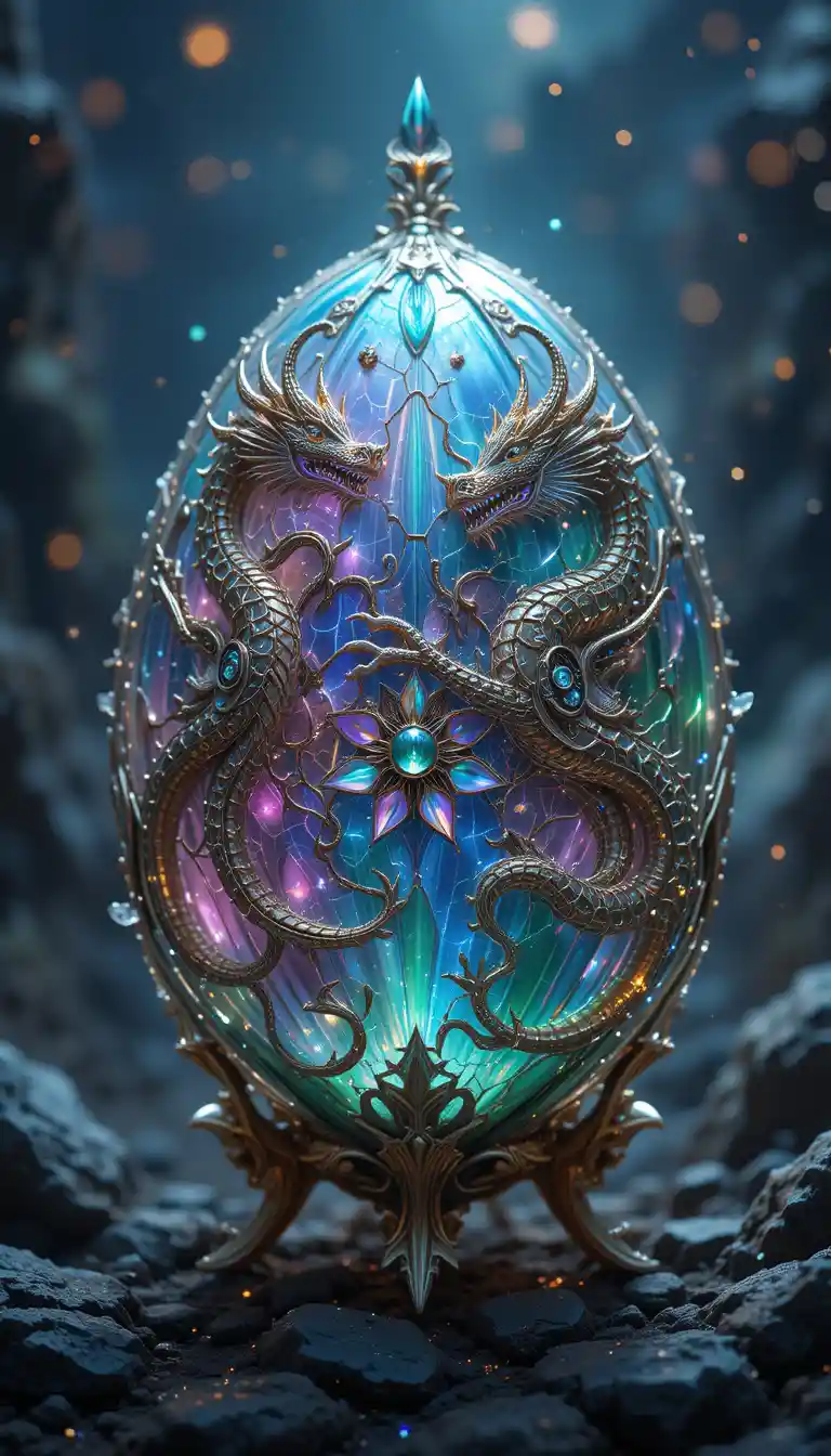 Fantasy Faberge Egg With Dragon Motifs And Crystal Veins