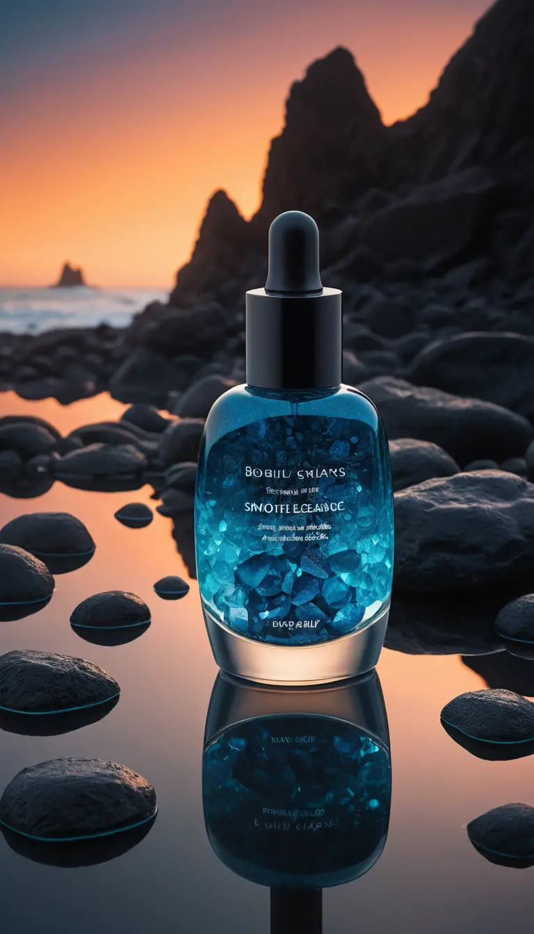 Luxury serum bottle on dark volcanic rocks with mist