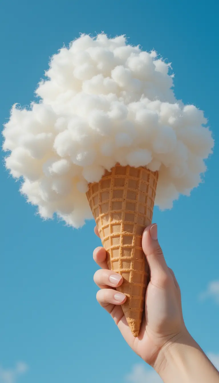 Hand holding waffle cone with fluffy cloud ice cream