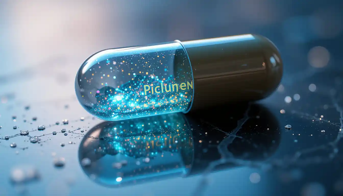 Glowing transparent capsule on a reflective surface