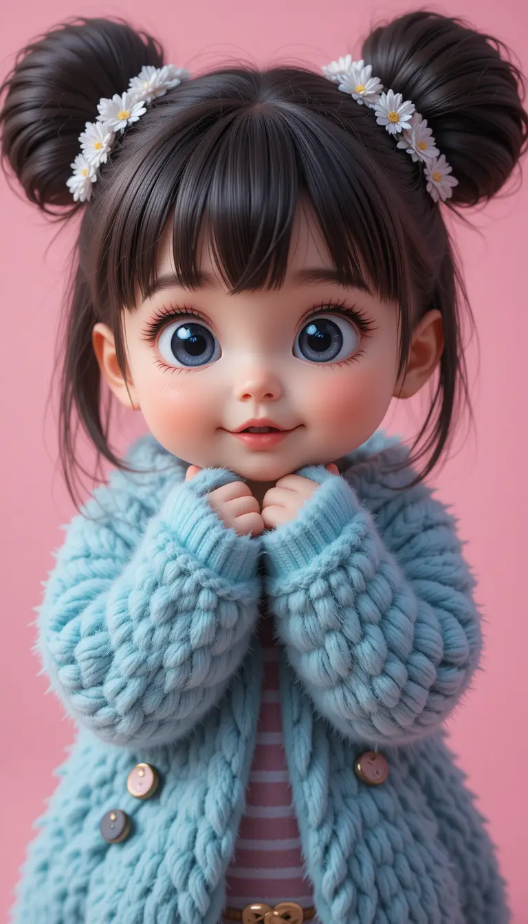 Adorable girl with chubby cheeks on pastel background