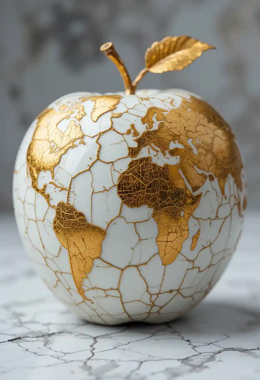 Mela di porcellana con mappa del mondo dorata e crepe