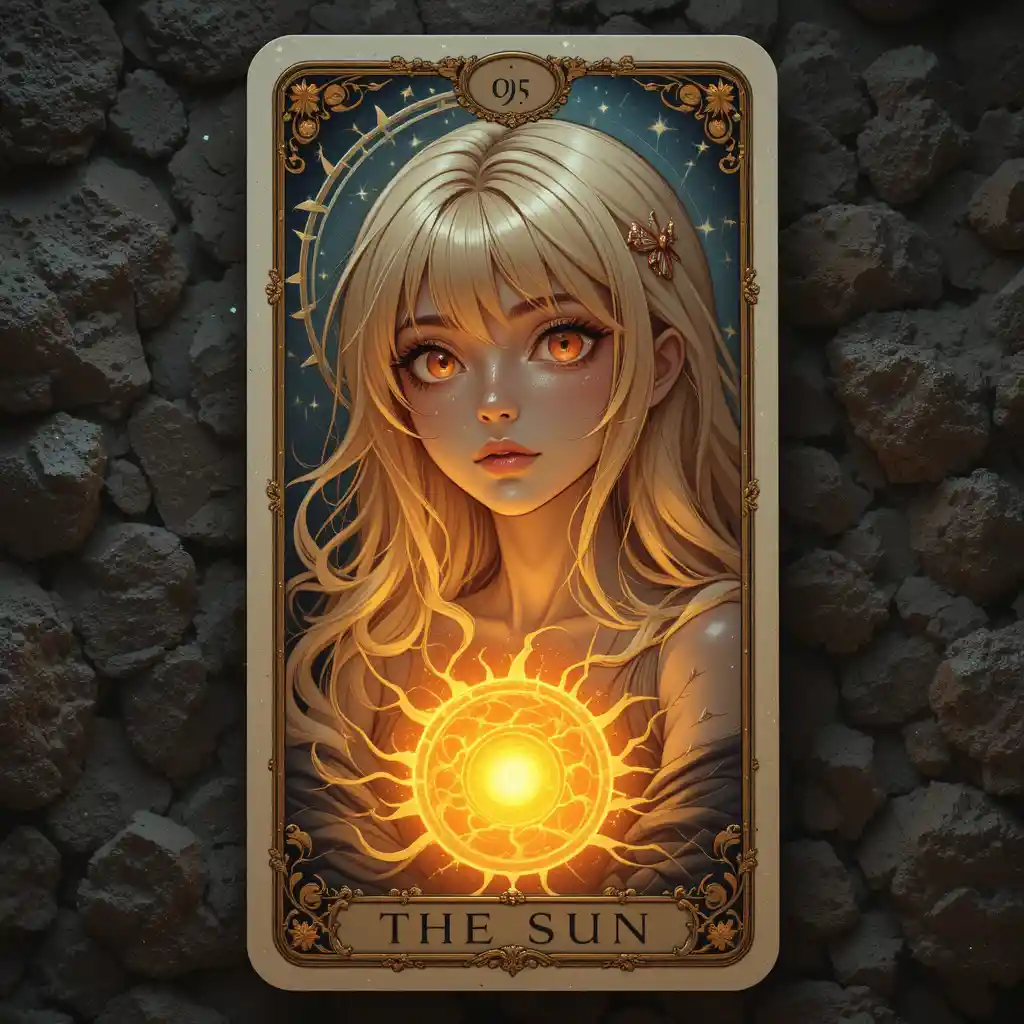 Anime tarot card of the sun with glowing woman