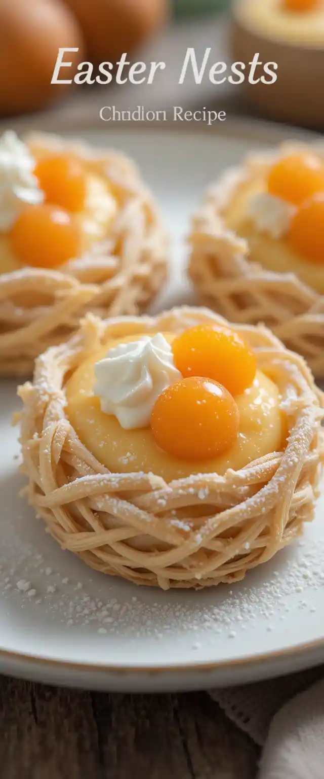 Close up of three creamy Easter nest desserts on plate