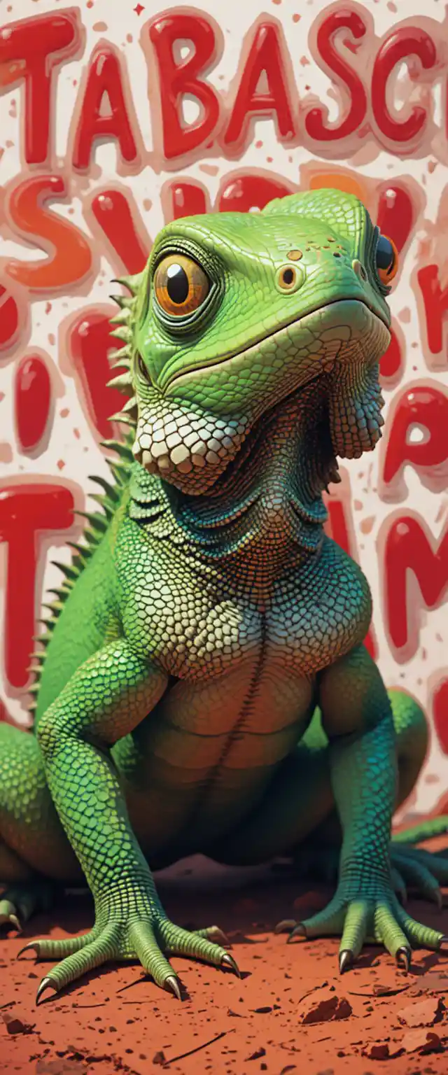 Green iguana illustration with bold red tabasco letters